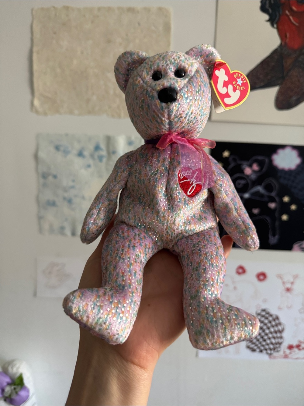 Ty Multicolor Sparkle Beanie Bear with Pink Bow